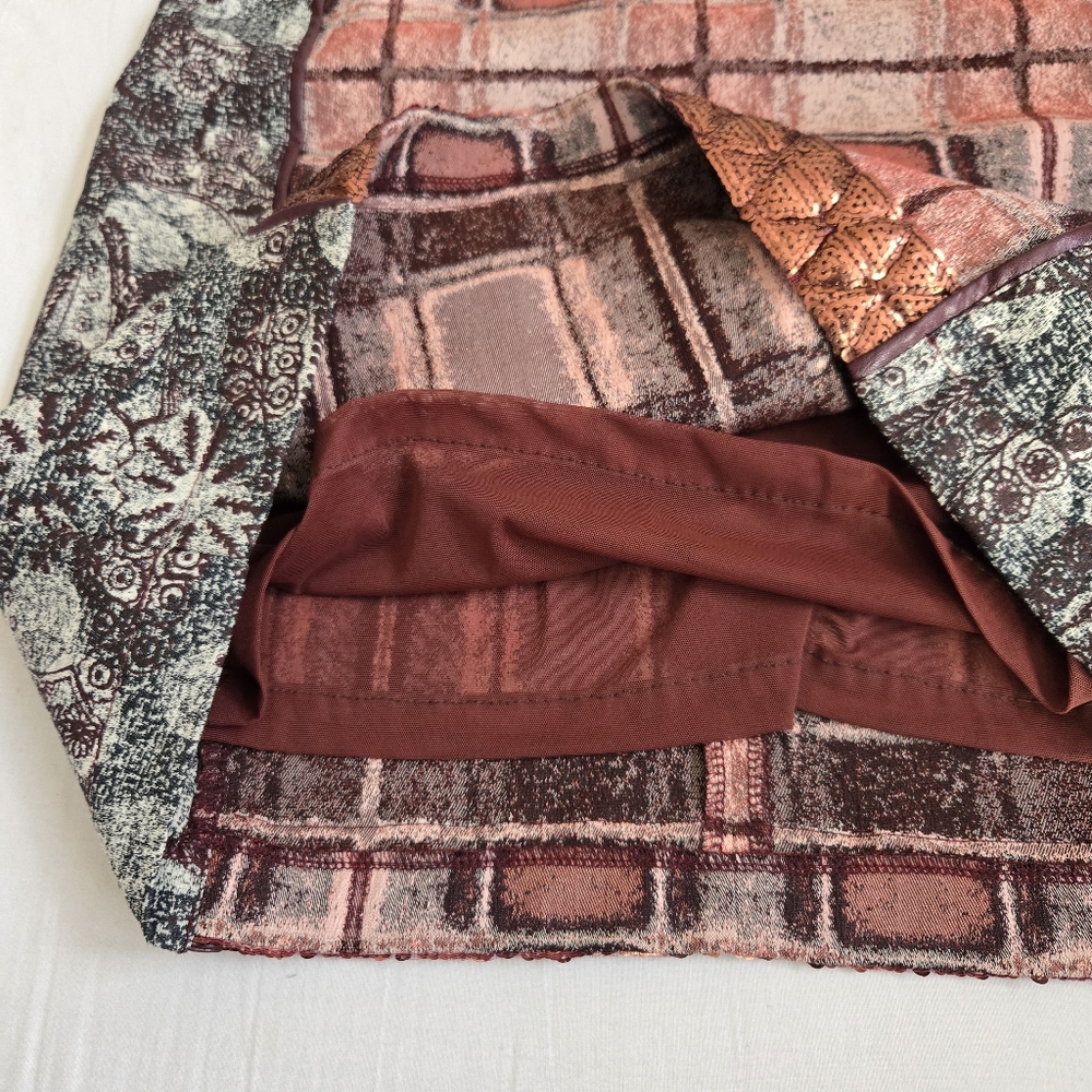 Save The Queen Sheath Dress Leather Inserts Rose Gold Sequins Geometric Maroon M - Picture 7 of 14